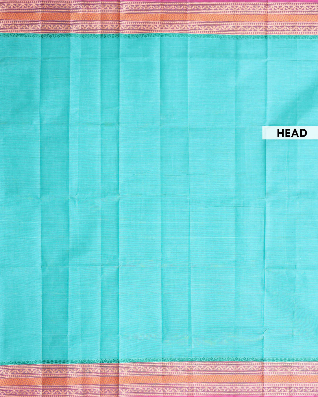 Traditional Venkatagiri Cotton Saree with Smooth Plain Body and Classic Zari Woven Wavy Motif Contrast Border - Turquoise Blue