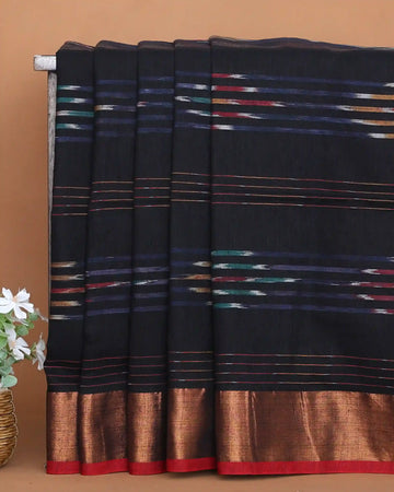 Black Khadi Cotton Saree with Multicolour Ikat Inspired Stripes and Copper Zari Woven Border