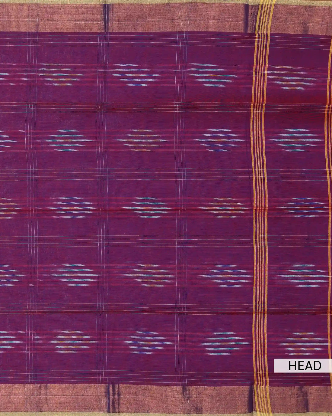 Wine Purple Khadi Cotton Saree with Multicolour Ikat Inspired Stripes and Copper Gold Zari Woven Border