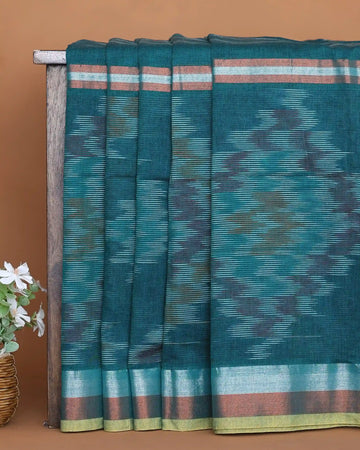 Deep Teal Green Khadi Cotton Saree with Multicolour Ikat Inspired Pattern and Metallic Zari Woven Border