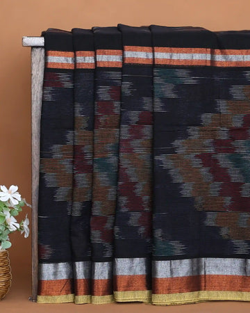 Navy Blue Khadi Cotton Saree with Multicolour Ikat Inspired Motifs and Copper Silver Zari Woven Border