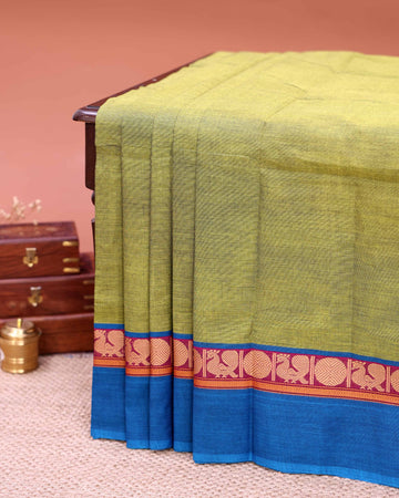 Traditional Venkatagiri Cotton Saree with Plain Body and Intricate Zari Woven Circular & Bird Motif Border - Green