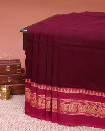 Traditional Venkatagiri Cotton Saree with Plain Body and Intricate Zari Woven Peacock & Geometric Motif Border - Maroon
