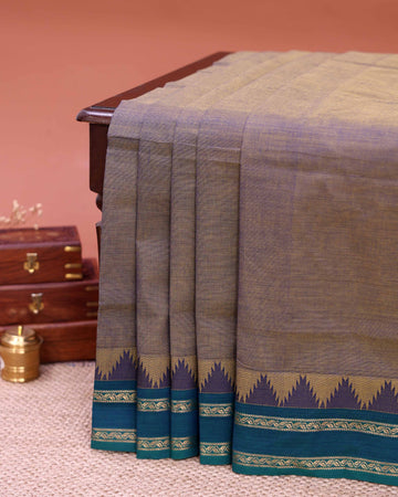Traditional Venkatagiri Cotton Saree with Plain Body and Intricate Geometric & Woven Zari Border - Brownish Purple