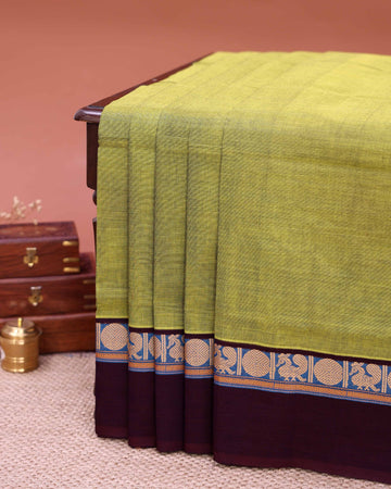 Traditional Venkatagiri Cotton Saree with Plain Body and Intricate Zari Woven Circular & Bird Motif Border -  Lime Green