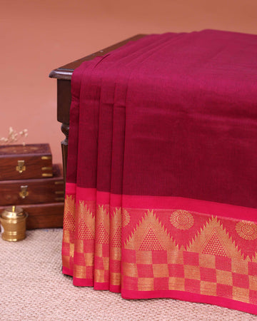 Traditional Venkatagiri Cotton Saree with Plain Body and Intricate Zari Woven Geometric & Floral Motif Border - Maroon
