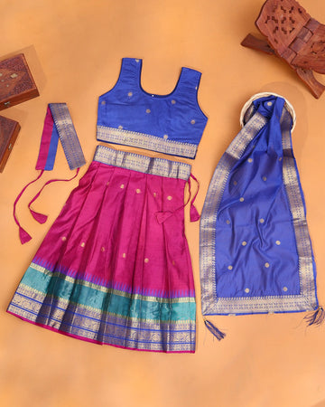 Girls' Rani Pink and Royal Blue Art Silk Pavadai Dhavani Set with Teal Green Contrast and Traditional Gold Zari Woven Border