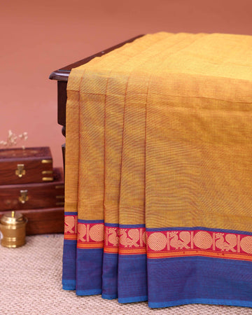 Traditional Venkatagiri Cotton Saree with Plain Body and Intricate Zari Woven Circular & Bird Motif Border - Yellow