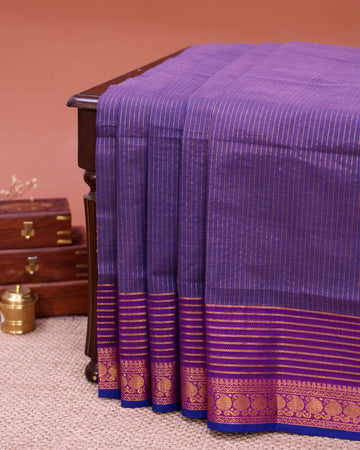 Traditional Venkatagiri Cotton Saree with Fine Striped Body and Intricate Zari Woven Border - Purple
