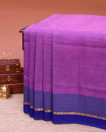 Traditional Venkatagiri Cotton Saree with Plain Body and Intricate Zari Woven Chevron Pattern Border- Purple