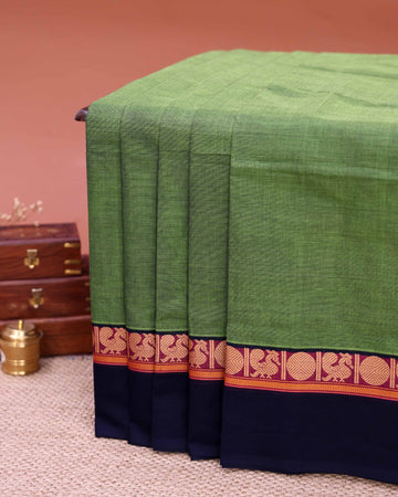 Traditional Venkatagiri Cotton Saree with Plain Body and Intricate Zari Woven Circular & Bird Motif Border - Green