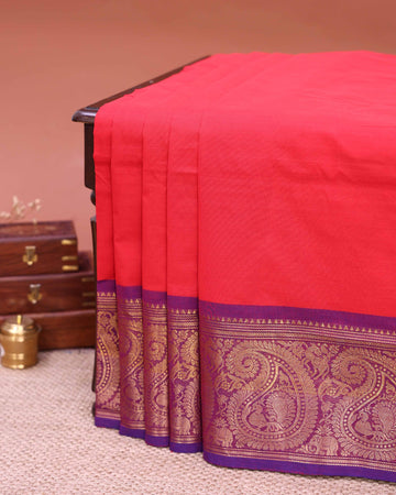 Traditional Handloom Venkatagiri Cotton Saree with Elaborate Paisley Zari Border - Red