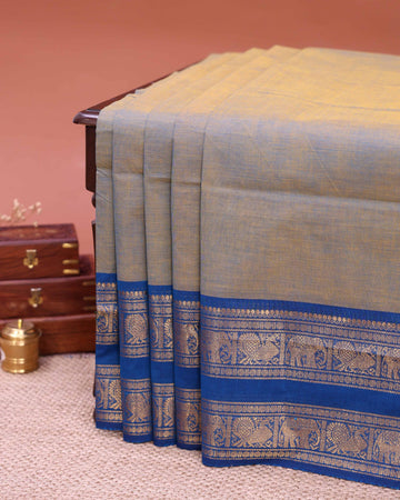 Traditional Venkatagiri Cotton Saree with Plain Body and Intricate Zari Woven Animal & Floral Motif Contrast Border  - Grey