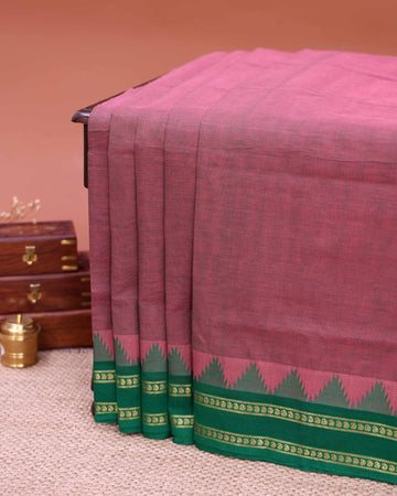 Traditional Venkatagiri Cotton Saree with Plain Body and Intricate Geometric & Woven Zari Border - Onion Pink