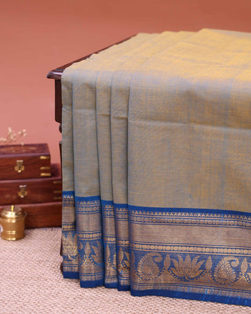 Elegant Venkatagiri Cotton Saree with Contrast Zari Border and Traditional Motifs  - Grey