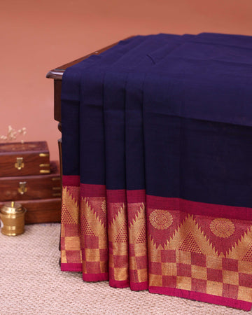 Traditional Venkatagiri Cotton Saree with Plain Body and Intricate Zari Woven Geometric & Floral Motif Border - Navy Blue