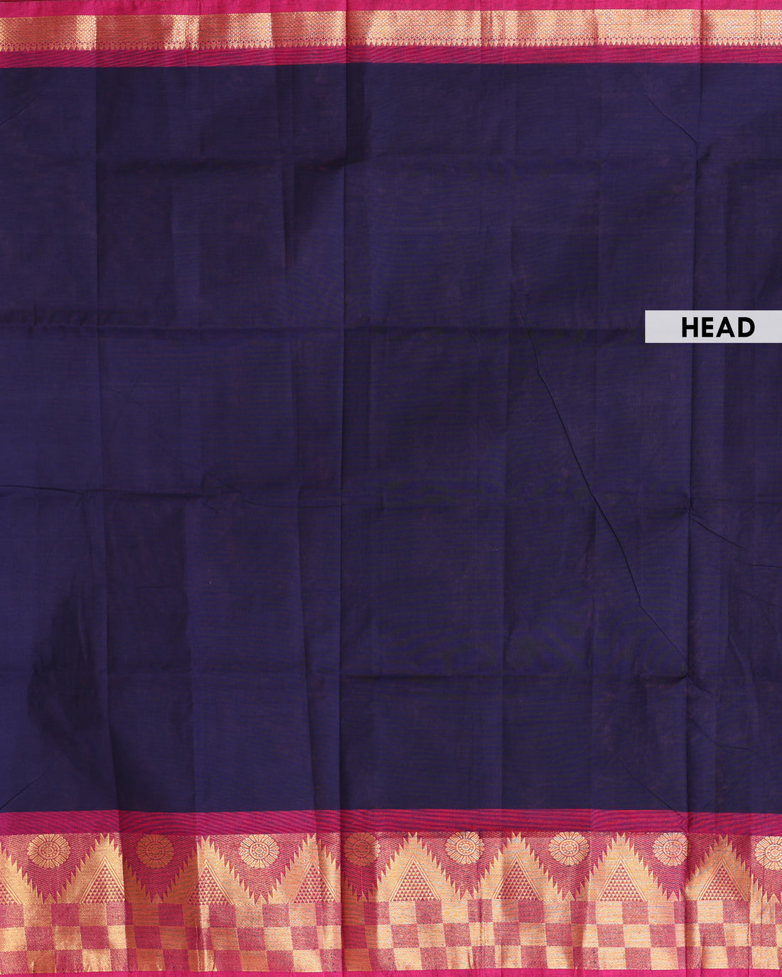 Traditional Venkatagiri Cotton Saree with Plain Body and Intricate Zari Woven Geometric & Floral Motif Border - Navy Blue