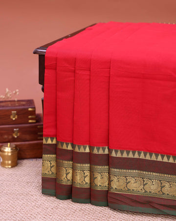 Traditional Venkatagiri Cotton Saree with Plain Body and Zari Woven Peacock & Geometric Motif Border - Red