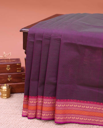 Traditional Venkatagiri Cotton Saree with Plain Body and Intricate Zari Woven Floral & Geometric Pattern Border - Purple