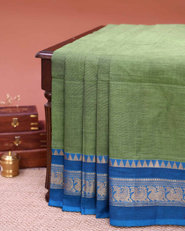 Traditional Venkatagiri Cotton Saree with Plain Body and Zari Woven Peacock & Geometric Motif Border - Green