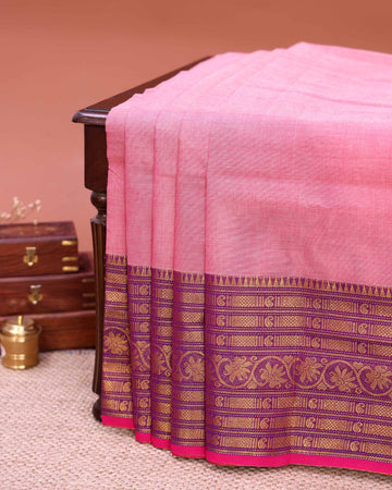 Traditional Venkatagiri Cotton Saree with Plain Body and Intricate Zari Woven Floral & Paisley Motif Border - Pink