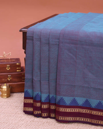 Traditional Venkatagiri Cotton Saree with Plain Body and Intricate Geometric & Woven Zari Border - Blue