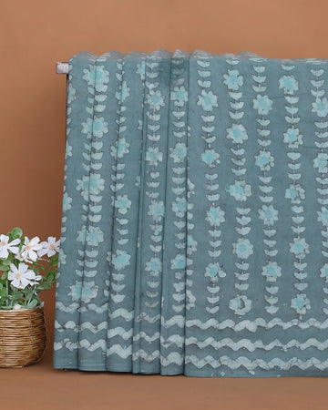 Dabu Print Cotton Saree with Floral Vine Motifs and Wave Pattern Border - Green