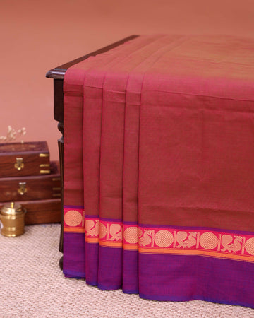 Traditional Venkatagiri Cotton Saree with Plain Body and Intricate Zari Woven Circular & Bird Motif Border - Maroon