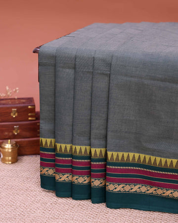 Traditional Handloom Venkatagiri Cotton Saree with Plain Body and Intricate Zari Woven Temple Pattern Border - Grey