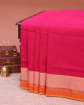 Traditional Handloom Venkatagiri Cotton Saree with Plain Body and Intricate Zari Woven Chevron Pattern Border - Dark Pink