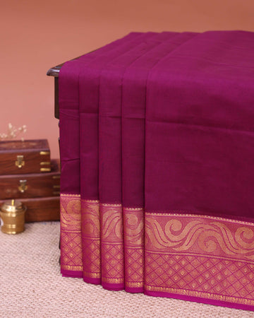 Traditional Handloom Venkatagiri Cotton Saree with Plain Body and Intricate Zari Woven Wave & Geometric Pattern Border - Dark Purple