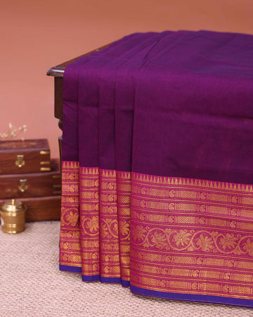 Traditional Handloom Venkatagiri Cotton Saree with Plain Body and Zari Woven Floral & Paisley Motif Border - Purple