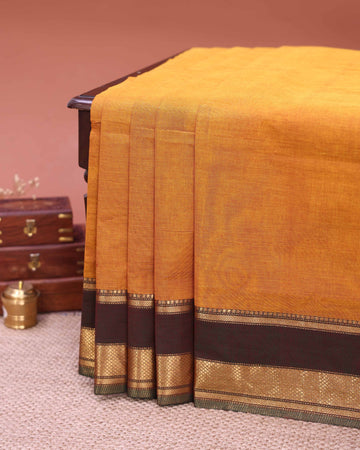 Traditional Handloom Venkatagiri Cotton Saree with Plain Body and Elegant Zari Woven Classic Border - Mustard