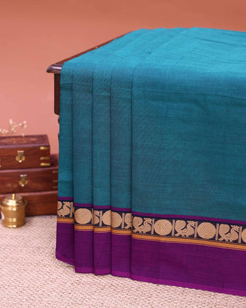 Traditional Venkatagiri Cotton Saree with Plain Body and Intricate Zari Woven Circular & Bird Motif Border - Teal