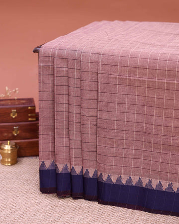 Traditional Handloom Venkatagiri Cotton Saree with Checked Pattern Body and Elegant Woven Border - Light Purple