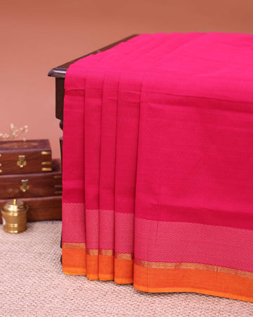 Traditional Handloom Venkatagiri Cotton Saree with Plain Body and Zari Woven Chevron Pattern Border  - Pink