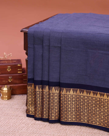 Traditional Handloom Venkatagiri Cotton Saree with Plain Body and Zari Woven Geometric Square Motif Border with Classic Temple -Blue