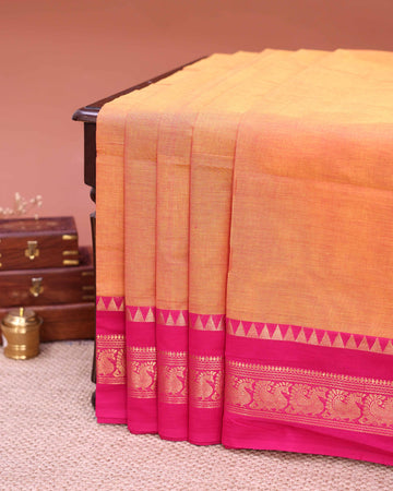 Traditional Venkatagiri Cotton Saree with Plain Body and Intricate Zari Woven Traditional Motif Contrast Border - Orange