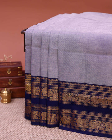 Traditional Venkatagiri Cotton Saree with Plain Body and Zari Woven Peacock & Elephant Motif Contrast Border - Grey