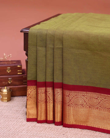 Traditional Venkatagiri Cotton Saree with Plain Body and Zari Woven Floral Motif Contrast Border - Olive Green
