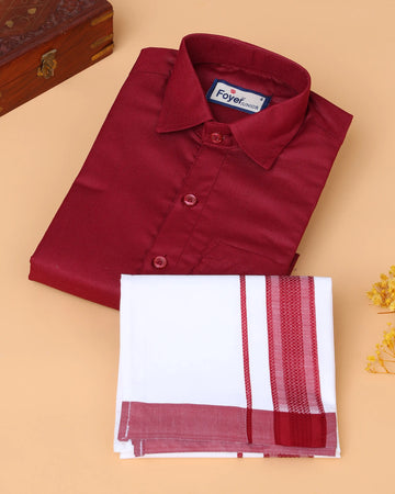 Boys’ Shirt and Traditional Dhoti Set with Collared Shirt and Contrast Dhoti Border – Maroon