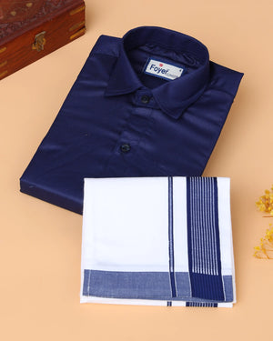 Boys’ Shirt and Traditional Dhoti Set with Collared Shirt and Contrast Dhoti Border – Navy Blue