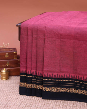 Traditional Venkatagiri Cotton Saree with Plain Body and Zari Woven Intricate Floral Motif Contrast Border - Onion Pink