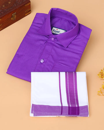 Boys’ Shirt and Traditional Dhoti Set with Collared Shirt and Contrast Dhoti Border – Purple