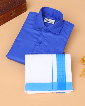 Boys’ Shirt and Traditional Dhoti Set with Collared Shirt and Contrast Dhoti Border – Blue