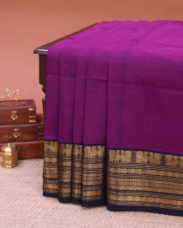 Traditional Venkatagiri Cotton Saree with Plain Body and Zari Woven Peacock Motif Contrast Border - Purple