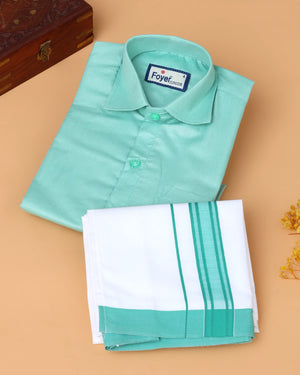 Boys’ Shirt and Traditional Dhoti Set with Collared Shirt and Contrast Dhoti Border – Aqua Green