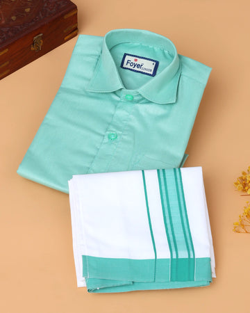 Boys’ Shirt and Traditional Dhoti Set with Collared Shirt and Contrast Dhoti Border – Aqua Green