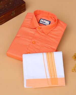 Boys’ Shirt and Traditional Dhoti Set with Collared Shirt and Contrast Dhoti Border – Orange