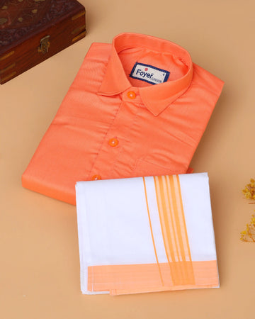 Boys’ Shirt and Traditional Dhoti Set with Collared Shirt and Contrast Dhoti Border – Orange